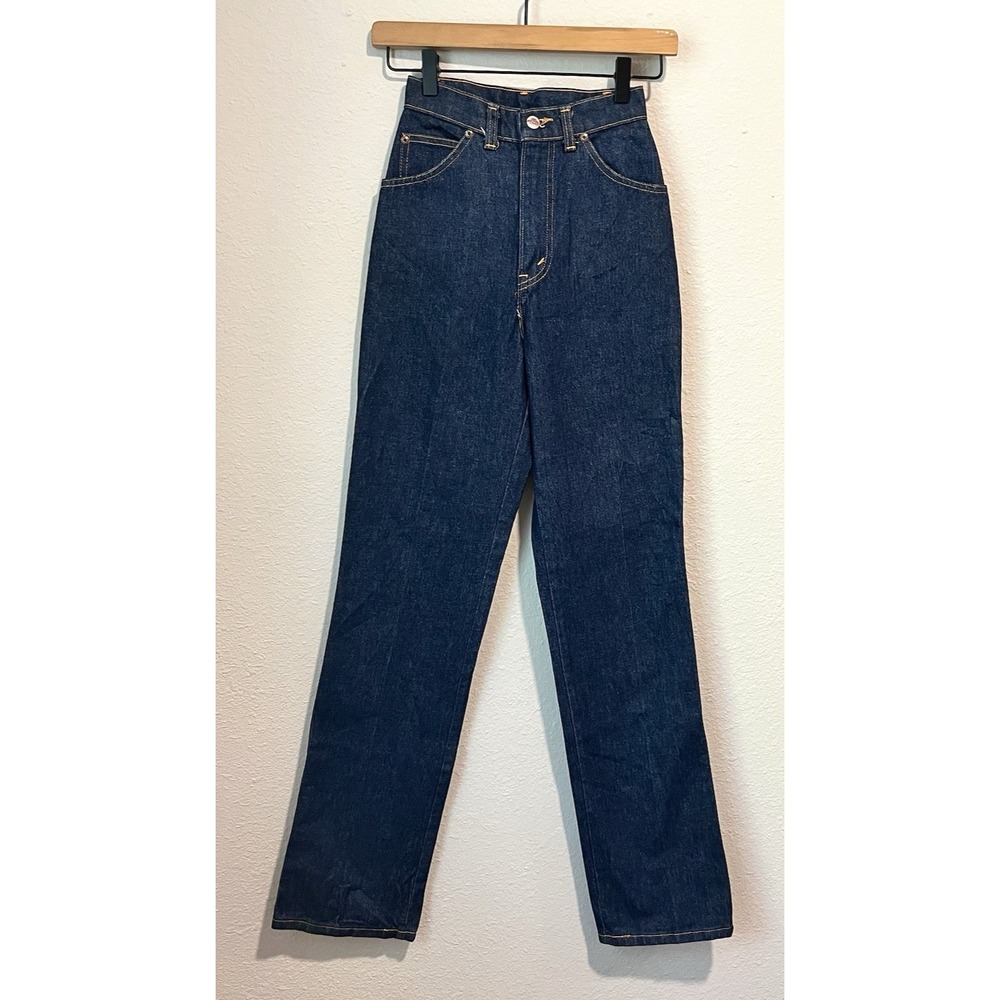 VTG 80'S H.I.S CHIC TALL JEANS USA HIGH WAIST 23"x 33" DARK DENIM EMBROIDERED